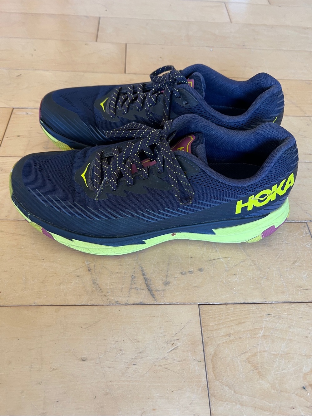 Hoka One One Torrent 2 Navy Running Shoes with Neon Yellow Purple size 9